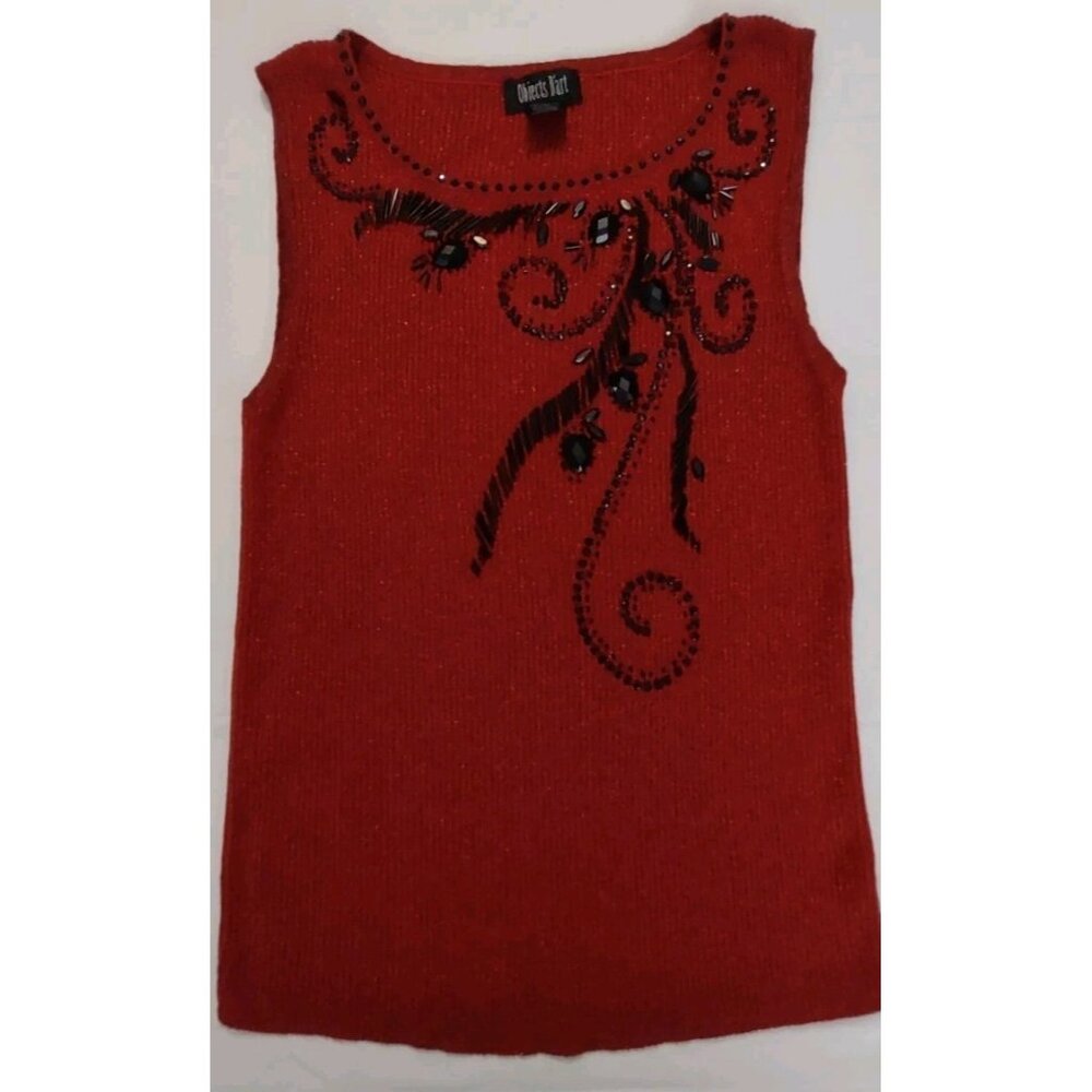 Objects D'art Black Beaded Cotton Metallic Red Sleeveless Sweater Shirt Size M